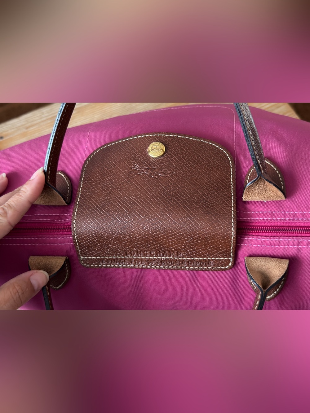 Longchamp Pink Nylon Tote with Brown Leather Trim - Picture 4 of 6